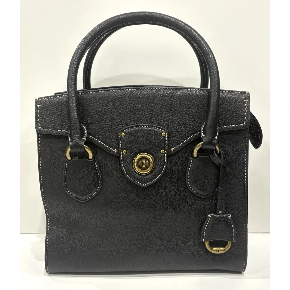 Lauren Ralph Lauren Black Pebbled Satchel Handbag Turn Lock Top Handle Bag